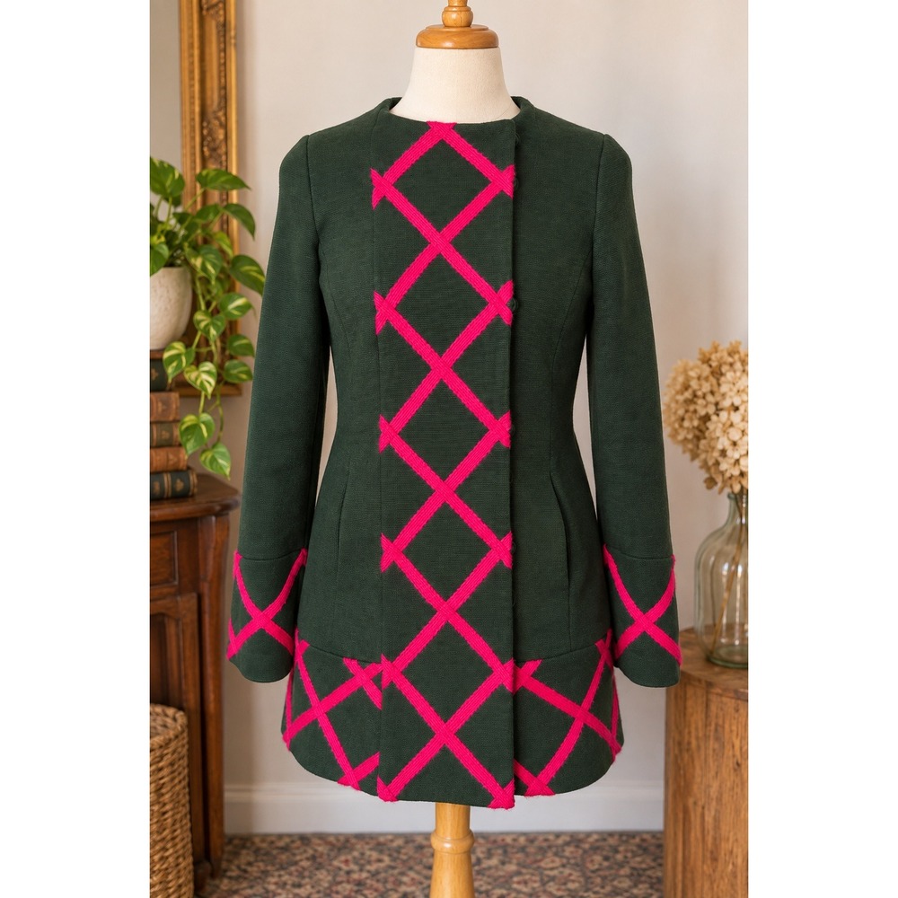 Anthropologie Elevenses Tamarisk Lattice Green Pink Embroidered Coat Size 12